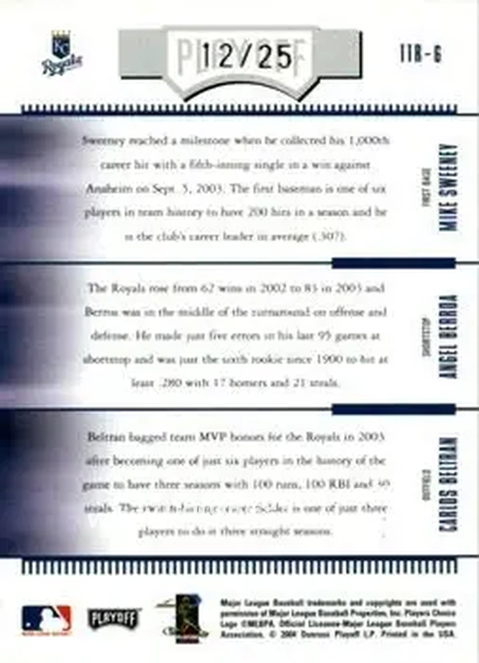 2004 Playoff Absolute Memorabilia - Team Trio Spectrum #TTR-6 - Carlos Beltran - Mike Sweeney - Angel Berroa - Kansas City Royals - Back 2004 Playoff Absolute Memorabilia - Team Trio Spectrum #TTR-6 - Carlos Beltran - Mike Sweeney - Angel Berroa - Kansas City Royals - Back