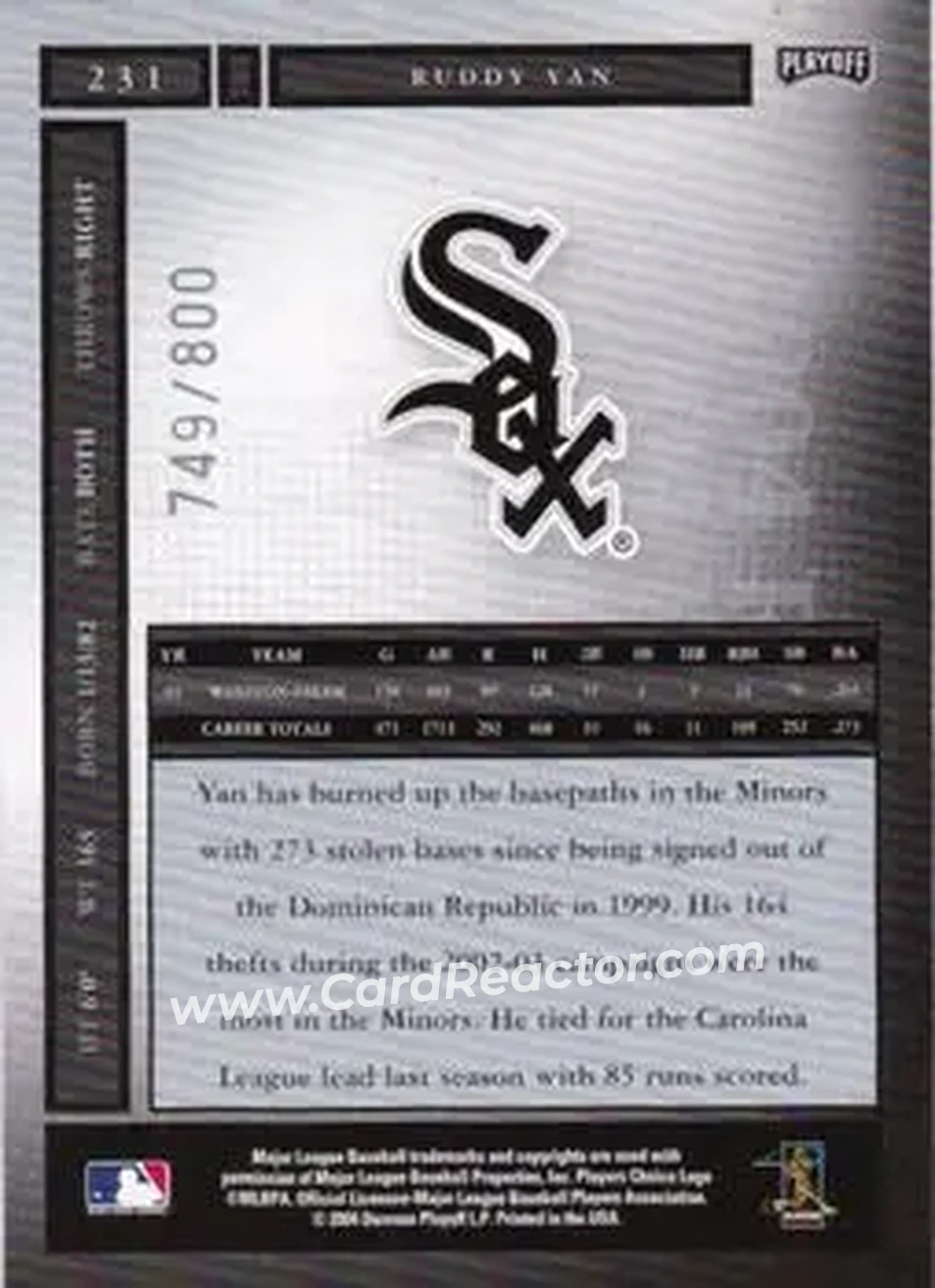 2004 Playoff Honors #231 - Ruddy Yan - Chicago White Sox - Back