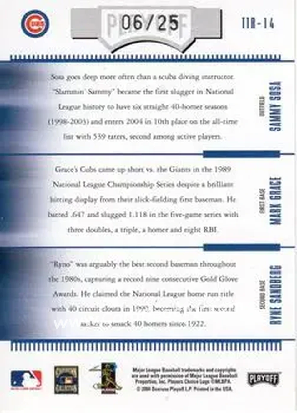 2004 Playoff Absolute Memorabilia - Team Trio Spectrum #TTR-14 - Sammy Sosa - Mark Grace - Ryne Sandberg - Chicago Cubs - Back