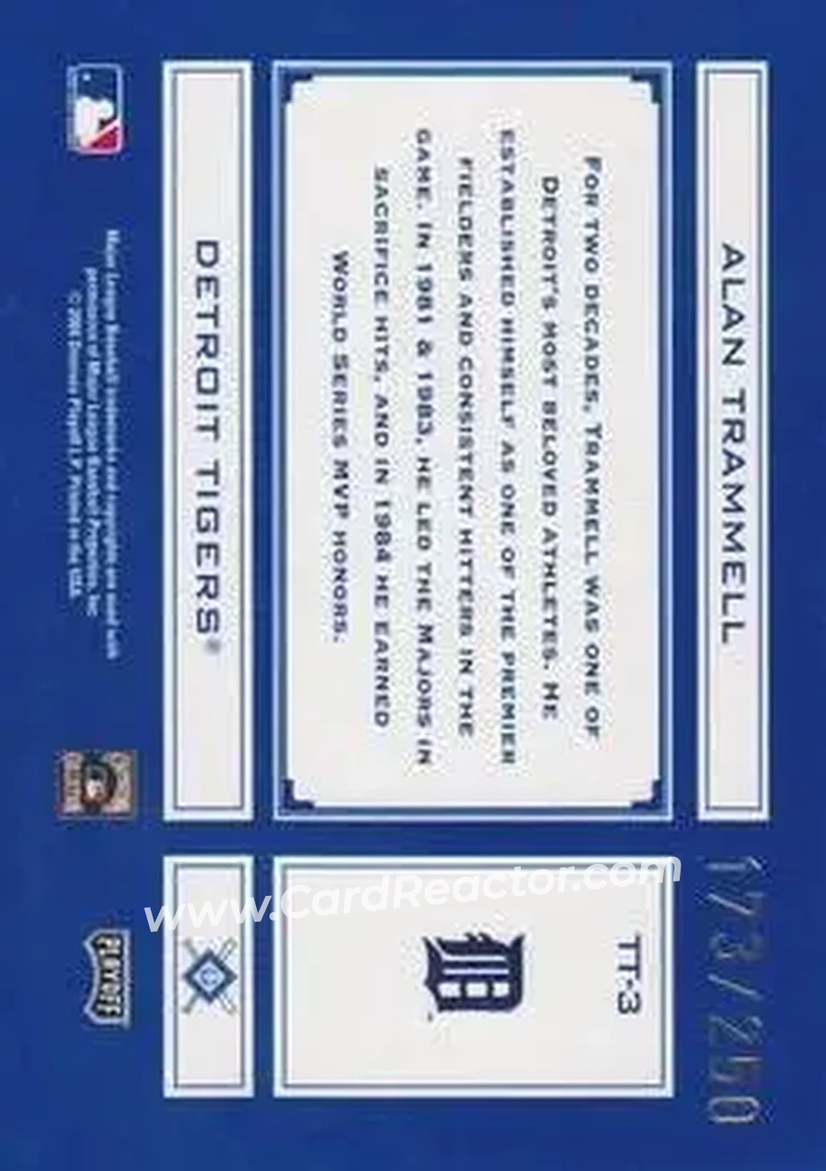 2004 Playoff Absolute Memorabilia - Tools of the Trade Blue #TT-3 - Alan Trammell - Detroit Tigers - Back