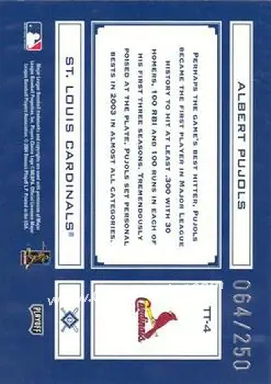 2004 Playoff Absolute Memorabilia - Tools of the Trade Blue #TT-4 - Albert Pujols - St. Louis Cardinals - Back 2004 Playoff Absolute Memorabilia - Tools of the Trade Blue #TT-4 - Albert Pujols - St. Louis Cardinals - Back