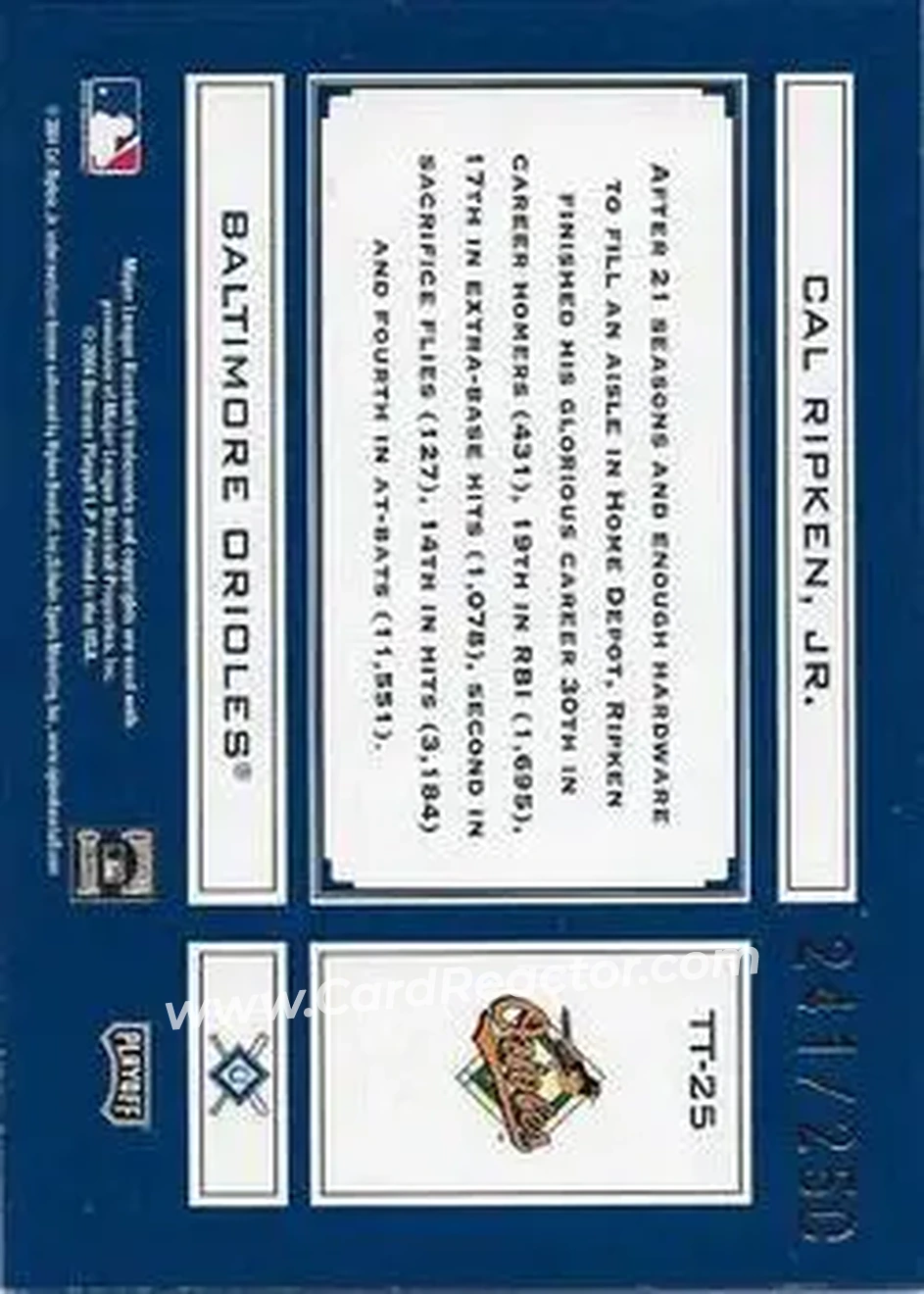 2004 Playoff Absolute Memorabilia - Tools of the Trade Blue #TT-23 - Cal Ripken - Baltimore Orioles - Back 2004 Playoff Absolute Memorabilia - Tools of the Trade Blue #TT-23 - Cal Ripken - Baltimore Orioles - Back
