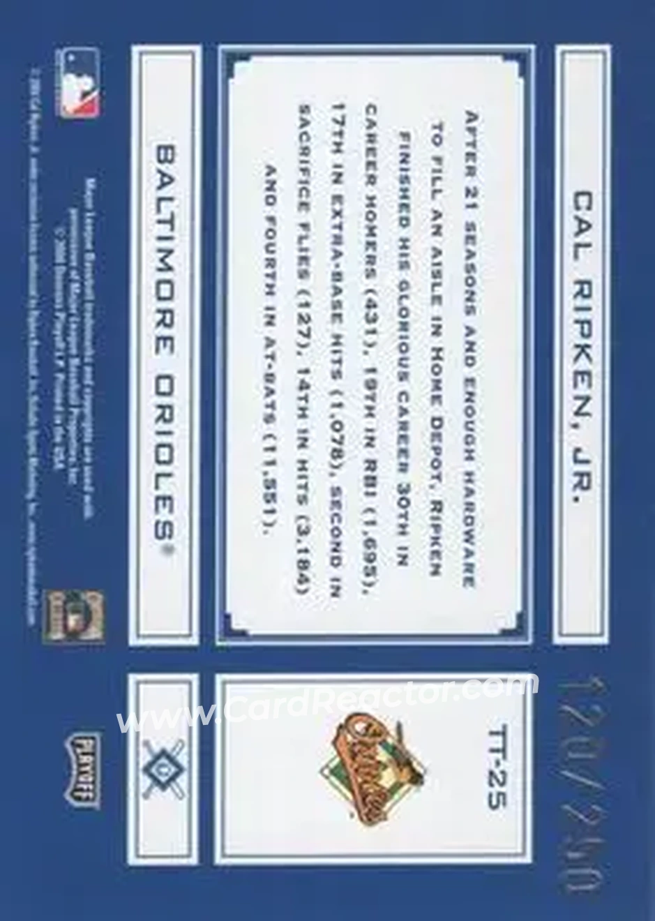 2004 Playoff Absolute Memorabilia - Tools of the Trade Blue #TT-25 - Cal Ripken - Baltimore Orioles - Back