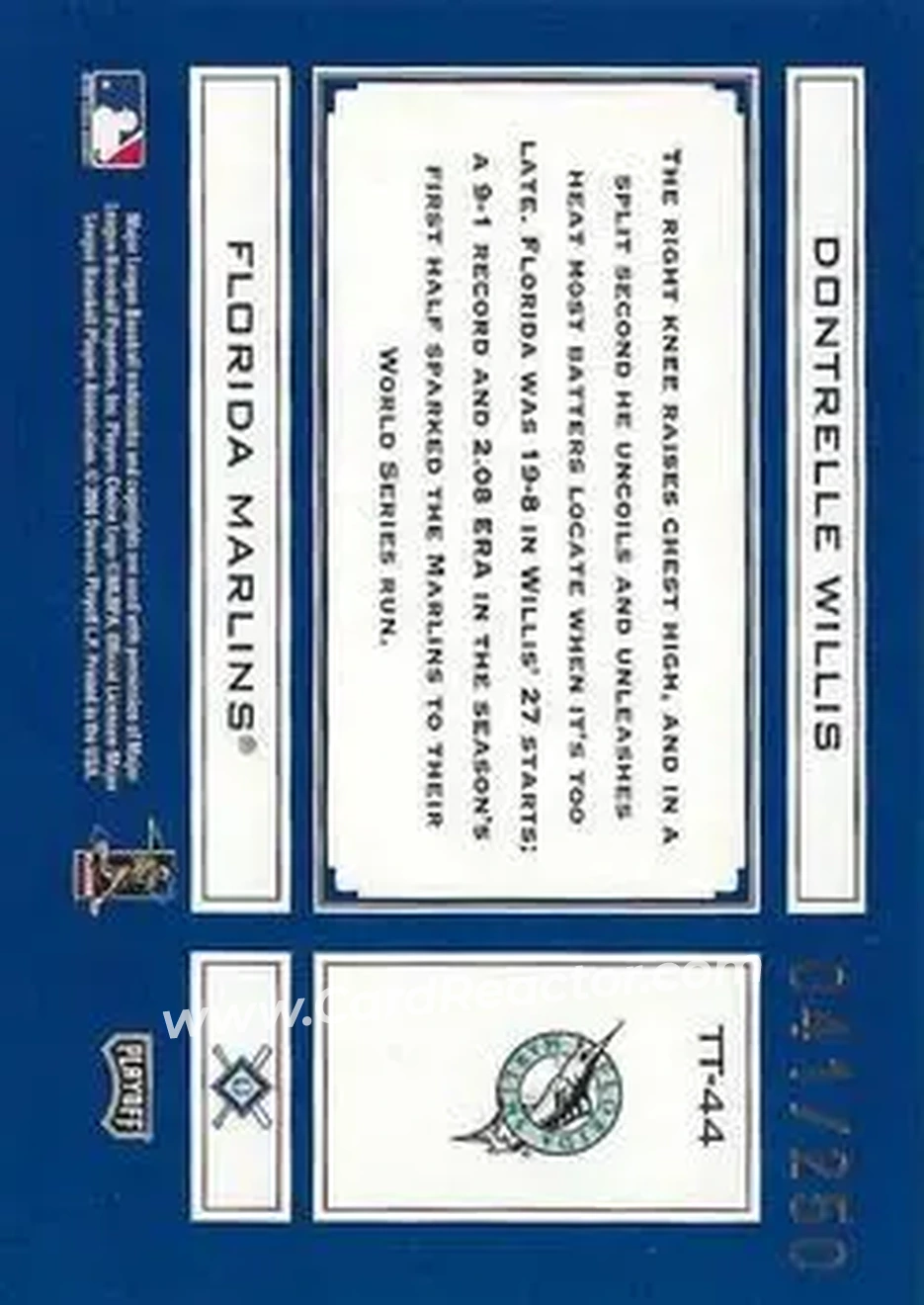 2004 Playoff Absolute Memorabilia - Tools of the Trade Blue #TT-44 - Dontrelle Willis - Florida Marlins - Back