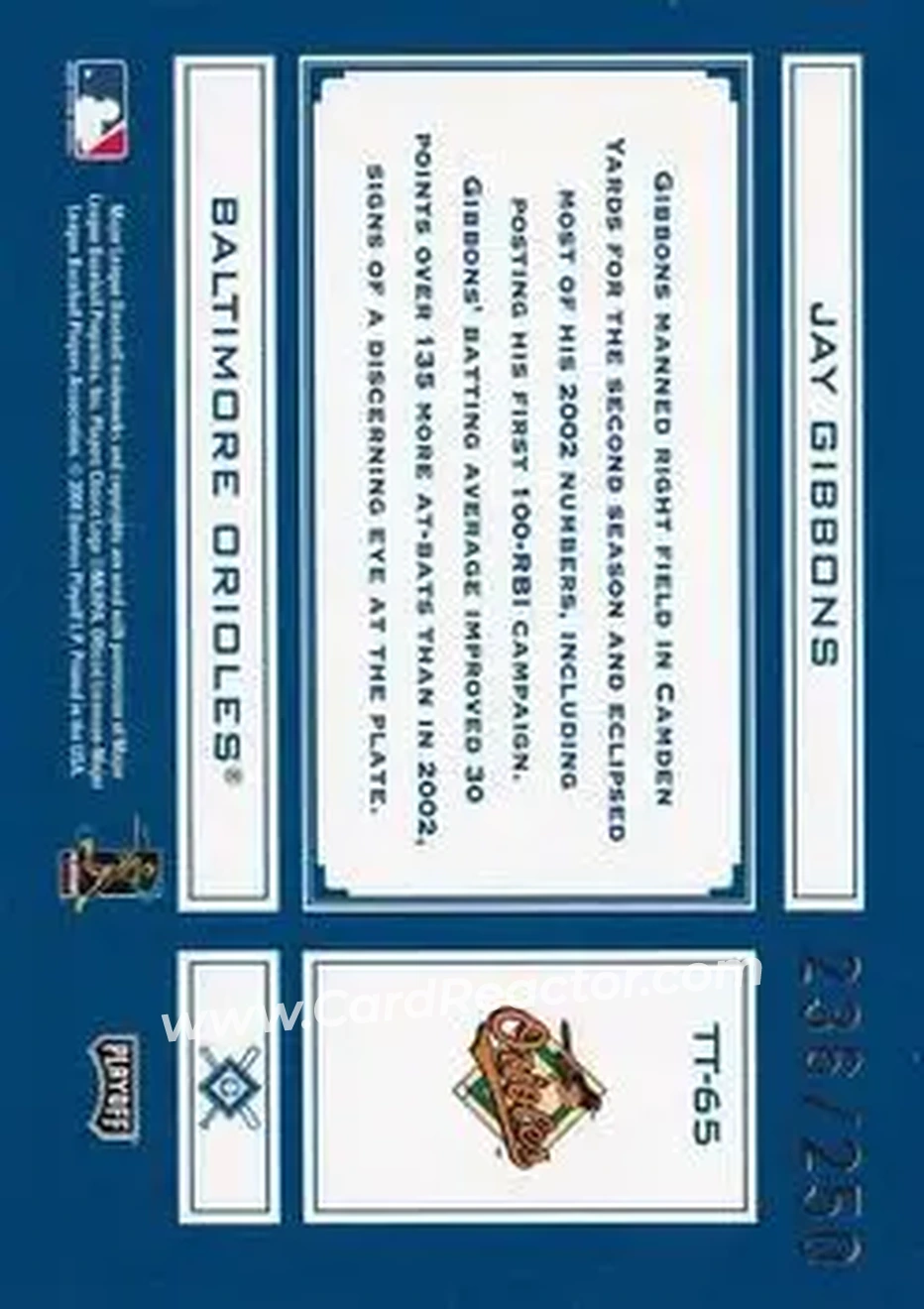 2004 Playoff Absolute Memorabilia - Tools of the Trade Blue #TT-65 - Jay Gibbons - Baltimore Orioles - Back