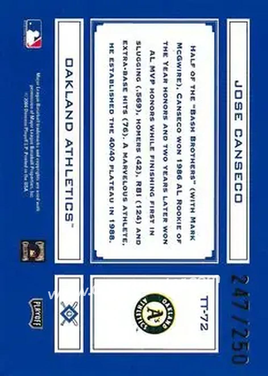 2004 Playoff Absolute Memorabilia - Tools of the Trade Blue #TT-72 - Jose Canseco - Oakland Athletics - Back 2004 Playoff Absolute Memorabilia - Tools of the Trade Blue #TT-72 - Jose Canseco - Oakland Athletics - Back