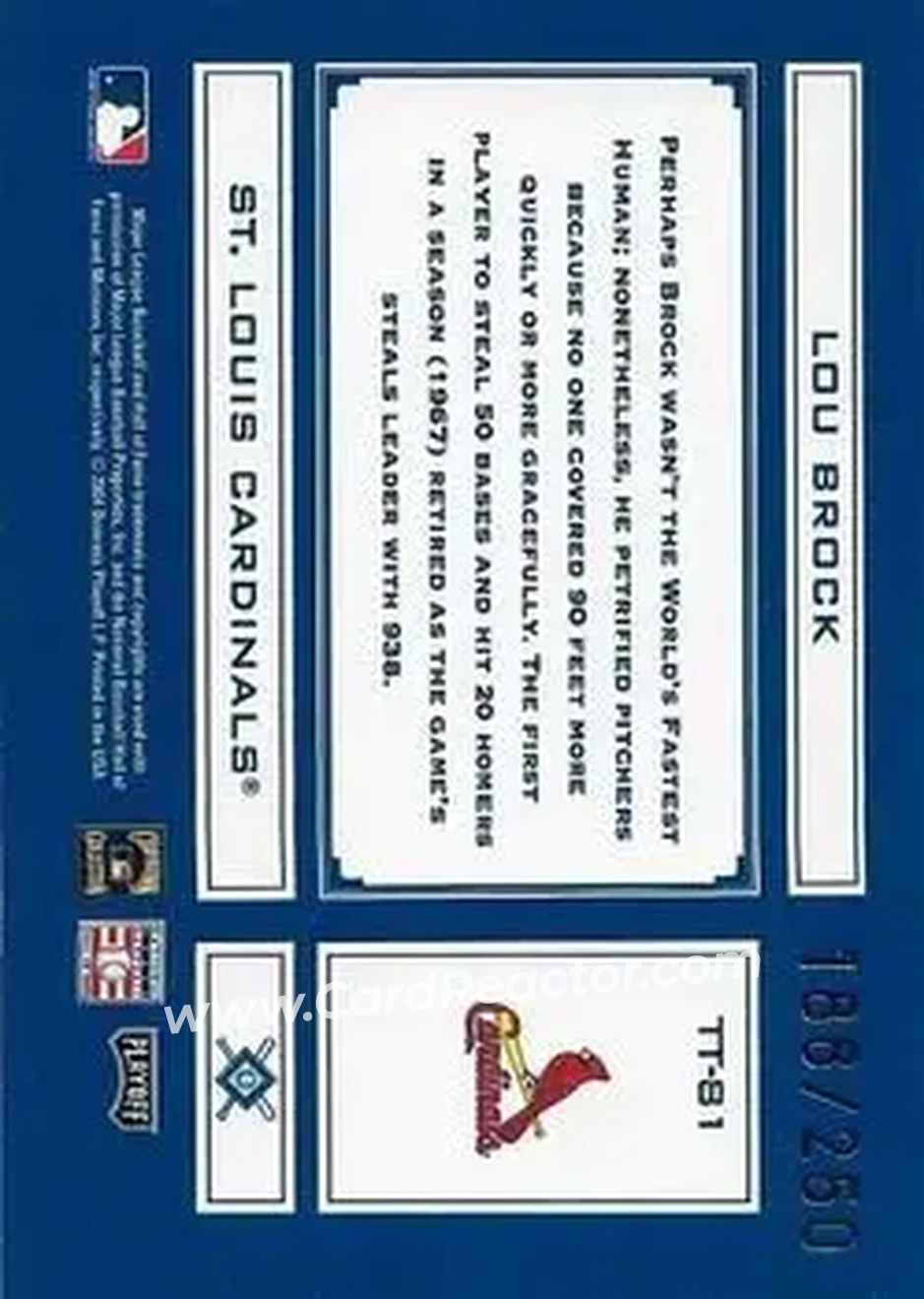 2004 Playoff Absolute Memorabilia - Tools of the Trade Blue #TT-81 - Lou Brock - St. Louis Cardinals - Back