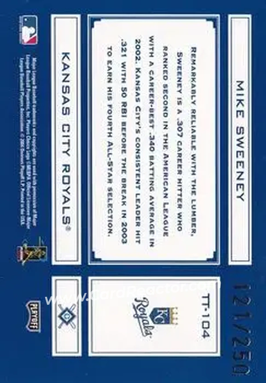2004 Playoff Absolute Memorabilia - Tools of the Trade Blue #TT-104 - Mike Sweeney - Kansas City Royals - Back 2004 Playoff Absolute Memorabilia - Tools of the Trade Blue #TT-104 - Mike Sweeney - Kansas City Royals - Back