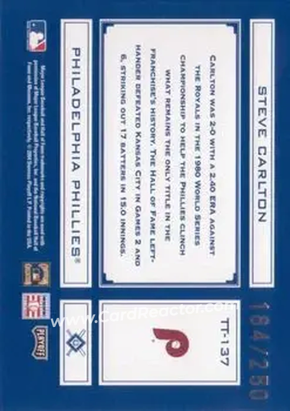 2004 Playoff Absolute Memorabilia - Tools of the Trade Blue #TT-137 - Steve Carlton - Philadelphia Phillies - Back