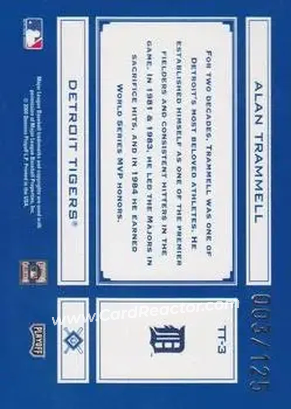 2004 Playoff Absolute Memorabilia - Tools of the Trade Blue Spectrum #TT-3 - Alan Trammell - Detroit Tigers - Back