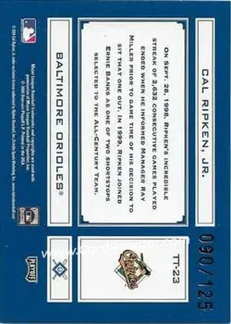 2004 Playoff Absolute Memorabilia - Tools of the Trade Blue Spectrum #TT-23 - Cal Ripken - Baltimore Orioles - Back