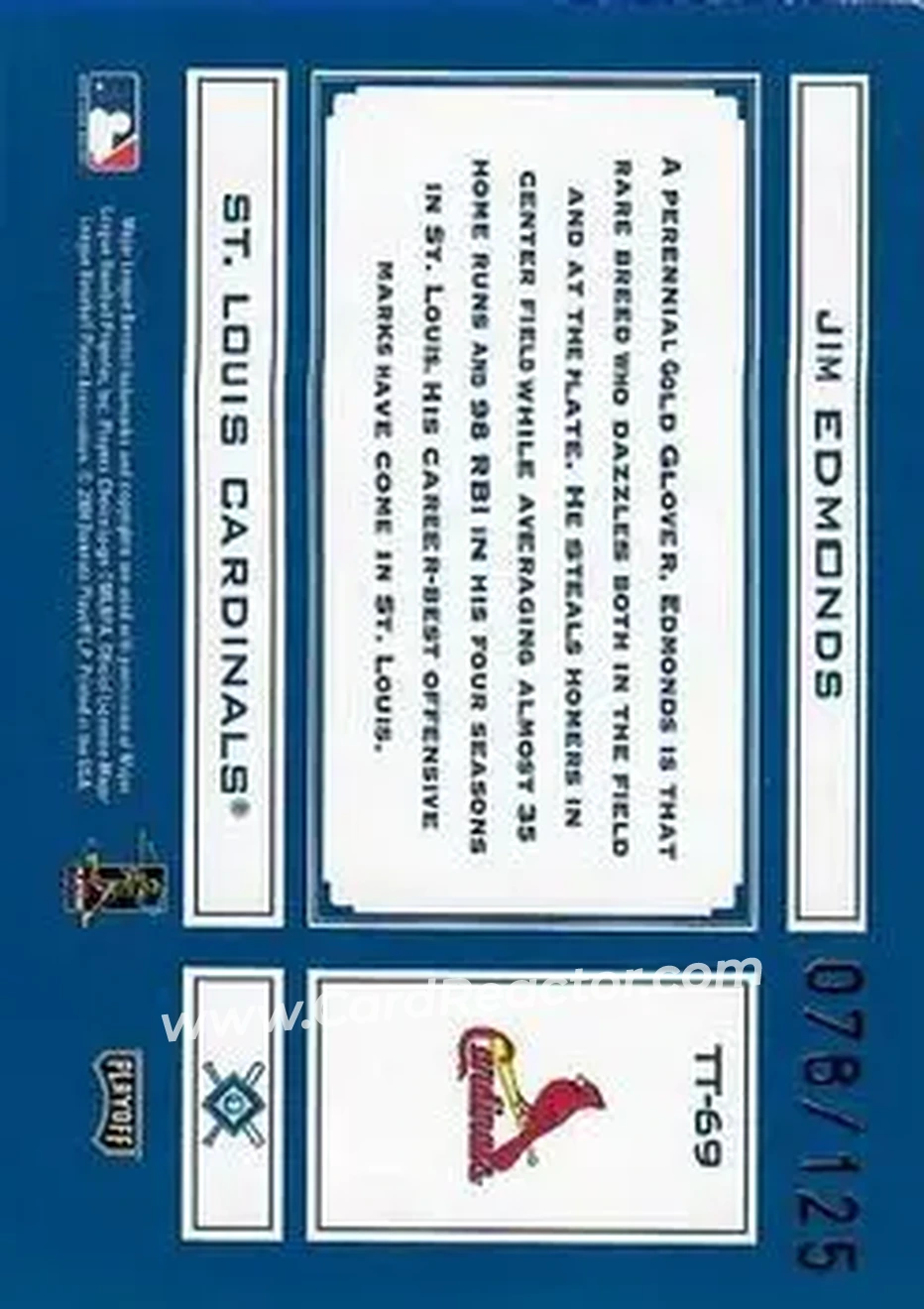 2004 Playoff Absolute Memorabilia - Tools of the Trade Blue Spectrum #TT-69 - Jim Edmonds - St. Louis Cardinals - Back
