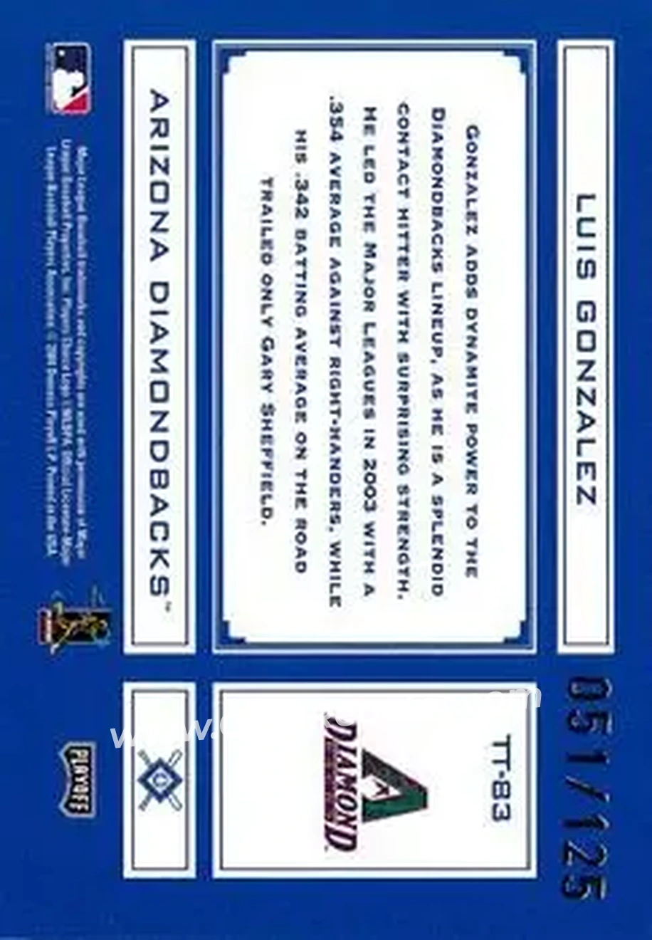 2004 Playoff Absolute Memorabilia - Tools of the Trade Blue Spectrum #TT-83 - Luis Gonzalez - Arizona Diamondbacks - Back 2004 Playoff Absolute Memorabilia - Tools of the Trade Blue Spectrum #TT-83 - Luis Gonzalez - Arizona Diamondbacks - Back