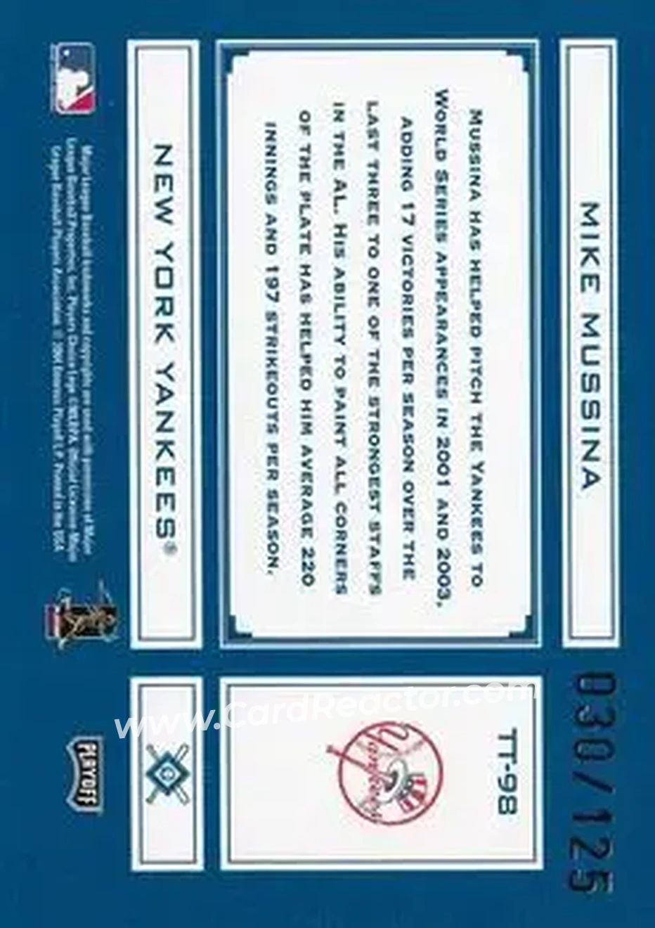 2004 Playoff Absolute Memorabilia - Tools of the Trade Blue Spectrum #TT-98 - Mike Mussina - New York Yankees - Back