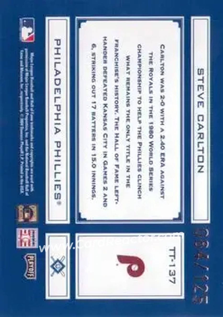 2004 Playoff Absolute Memorabilia - Tools of the Trade Blue Spectrum #TT-137 - Steve Carlton - Philadelphia Phillies - Back