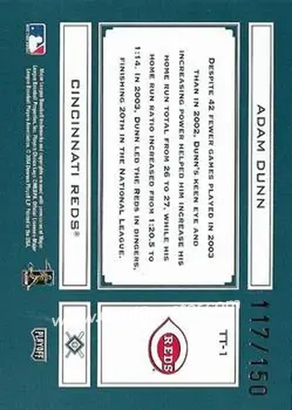 2004 Playoff Absolute Memorabilia - Tools of the Trade Green #TT-1 - Adam Dunn - Cincinnati Reds - Back 2004 Playoff Absolute Memorabilia - Tools of the Trade Green #TT-1 - Adam Dunn - Cincinnati Reds - Back