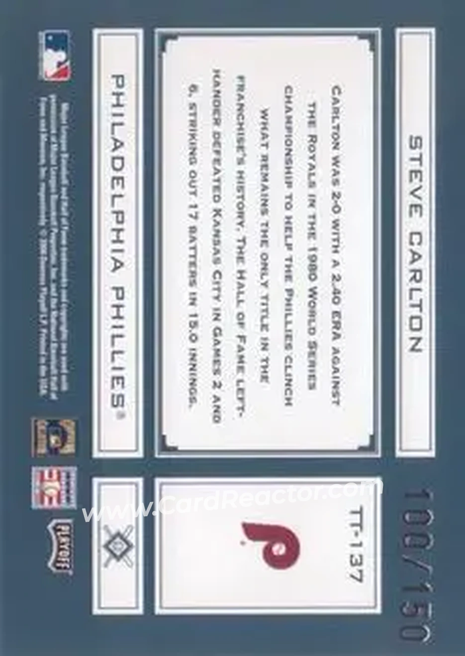2004 Playoff Absolute Memorabilia - Tools of the Trade Green #TT-137 - Steve Carlton - Philadelphia Phillies - Back