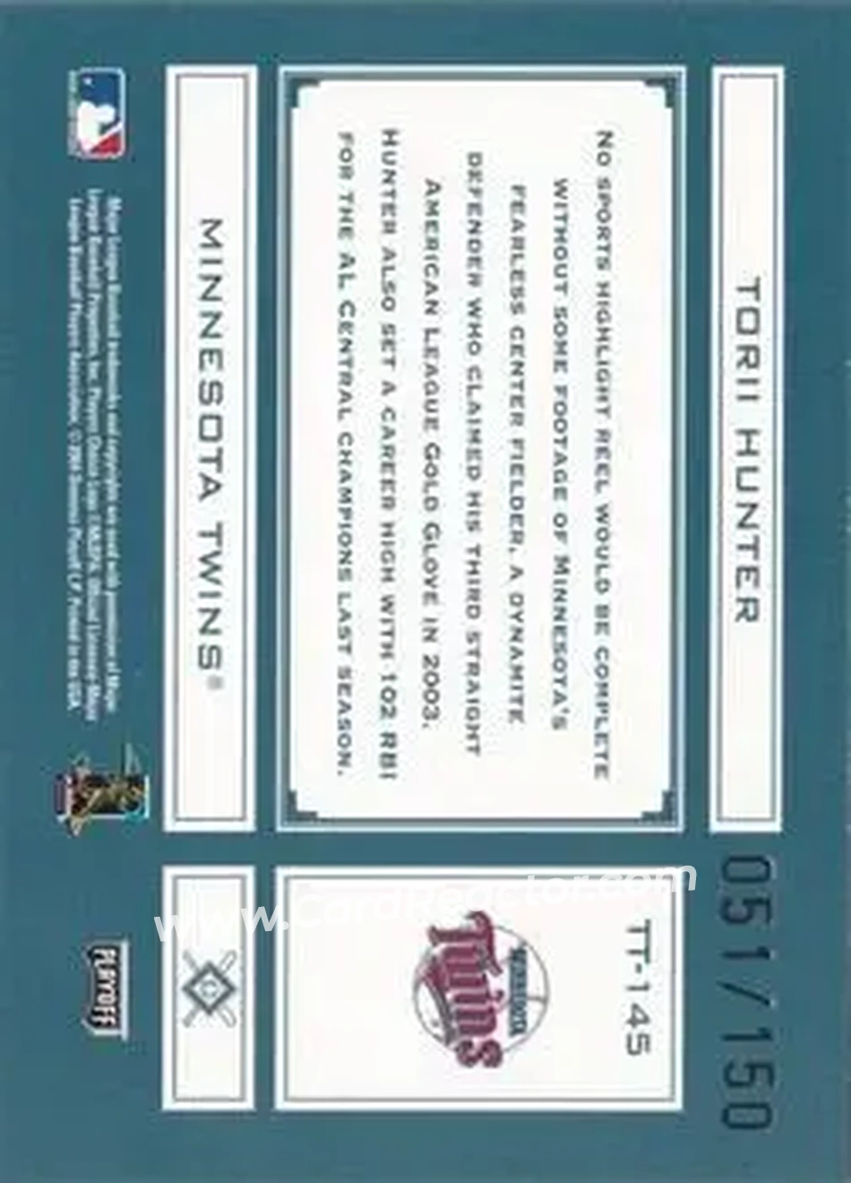 2004 Playoff Absolute Memorabilia - Tools of the Trade Green #TT-145 - Torii Hunter - Minnesota Twins - Back