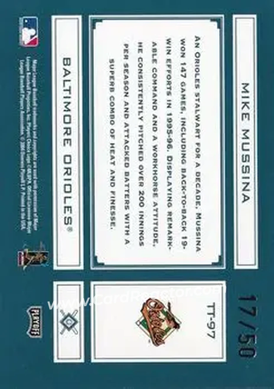 2004 Playoff Absolute Memorabilia - Tools of the Trade Green Spectrum #TT-97 - Mike Mussina - Baltimore Orioles - Back 2004 Playoff Absolute Memorabilia - Tools of the Trade Green Spectrum #TT-97 - Mike Mussina - Baltimore Orioles - Back