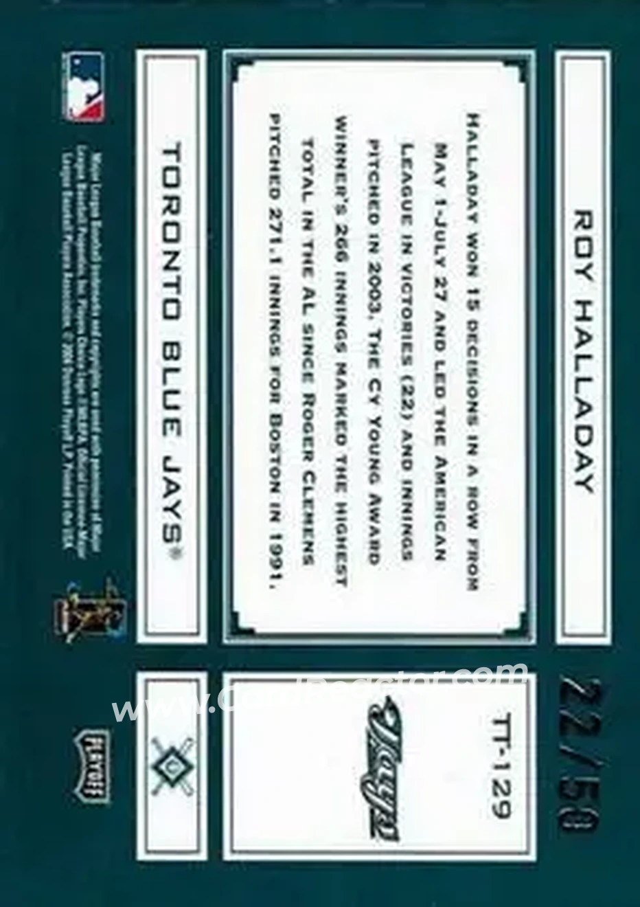 2004 Playoff Absolute Memorabilia - Tools of the Trade Green Spectrum #TT-129 - Roy Halladay - Toronto Blue Jays - Back 2004 Playoff Absolute Memorabilia - Tools of the Trade Green Spectrum #TT-129 - Roy Halladay - Toronto Blue Jays - Back