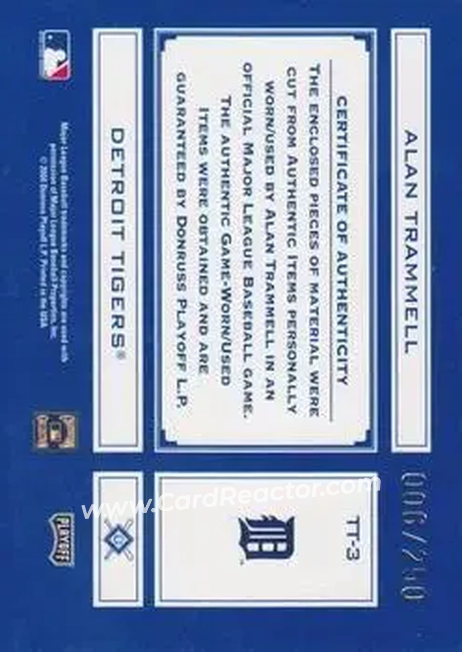 2004 Playoff Absolute Memorabilia - Tools of the Trade Material Combo #TT-3 - Alan Trammell - Detroit Tigers - Back