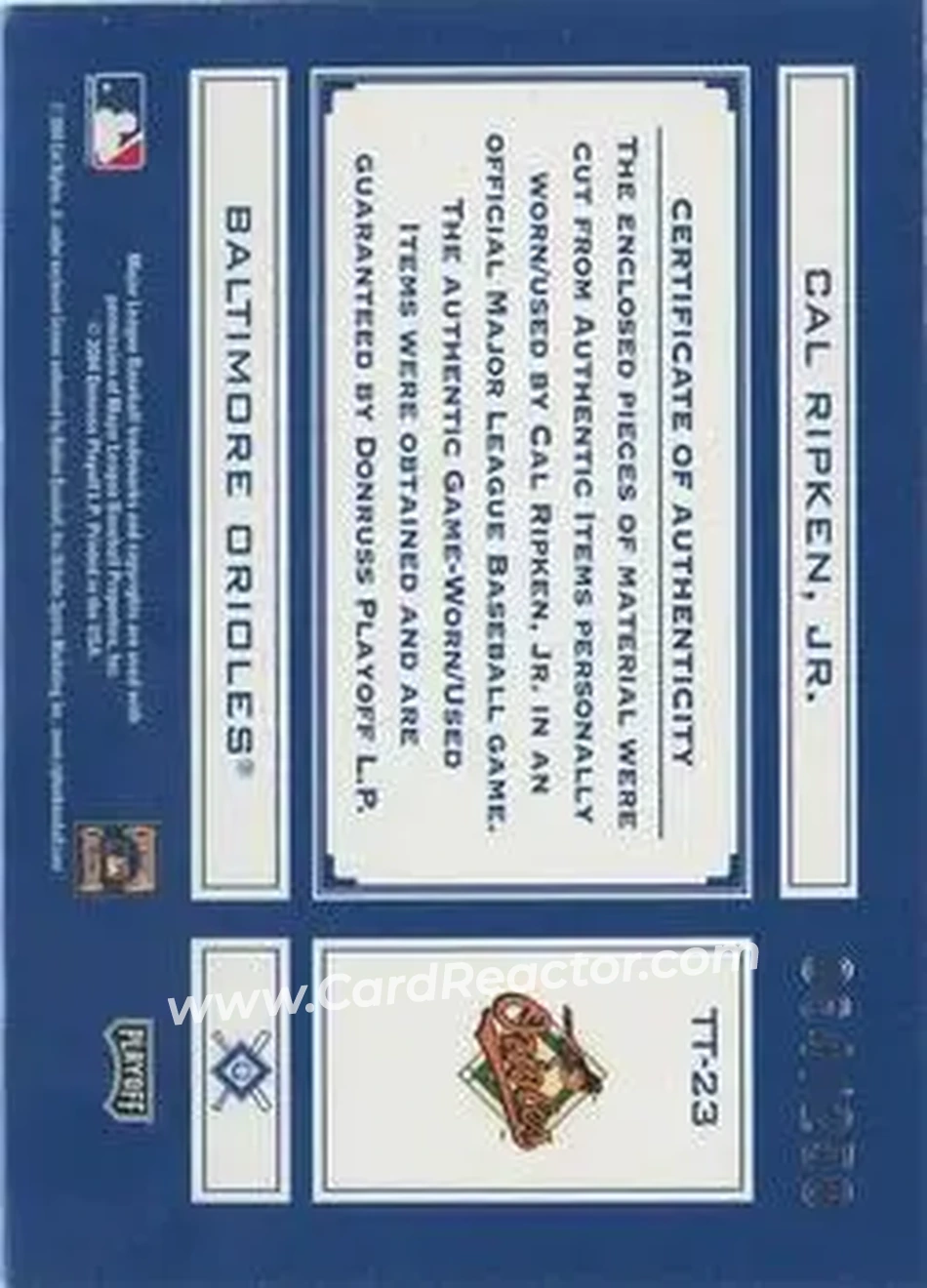 2004 Playoff Absolute Memorabilia - Tools of the Trade Material Combo #TT-23 - Cal Ripken - Baltimore Orioles - Back