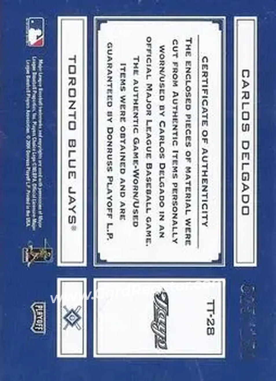 2004 Playoff Absolute Memorabilia - Tools of the Trade Material Combo #TT-28 - Carlos Delgado - Toronto Blue Jays - Back