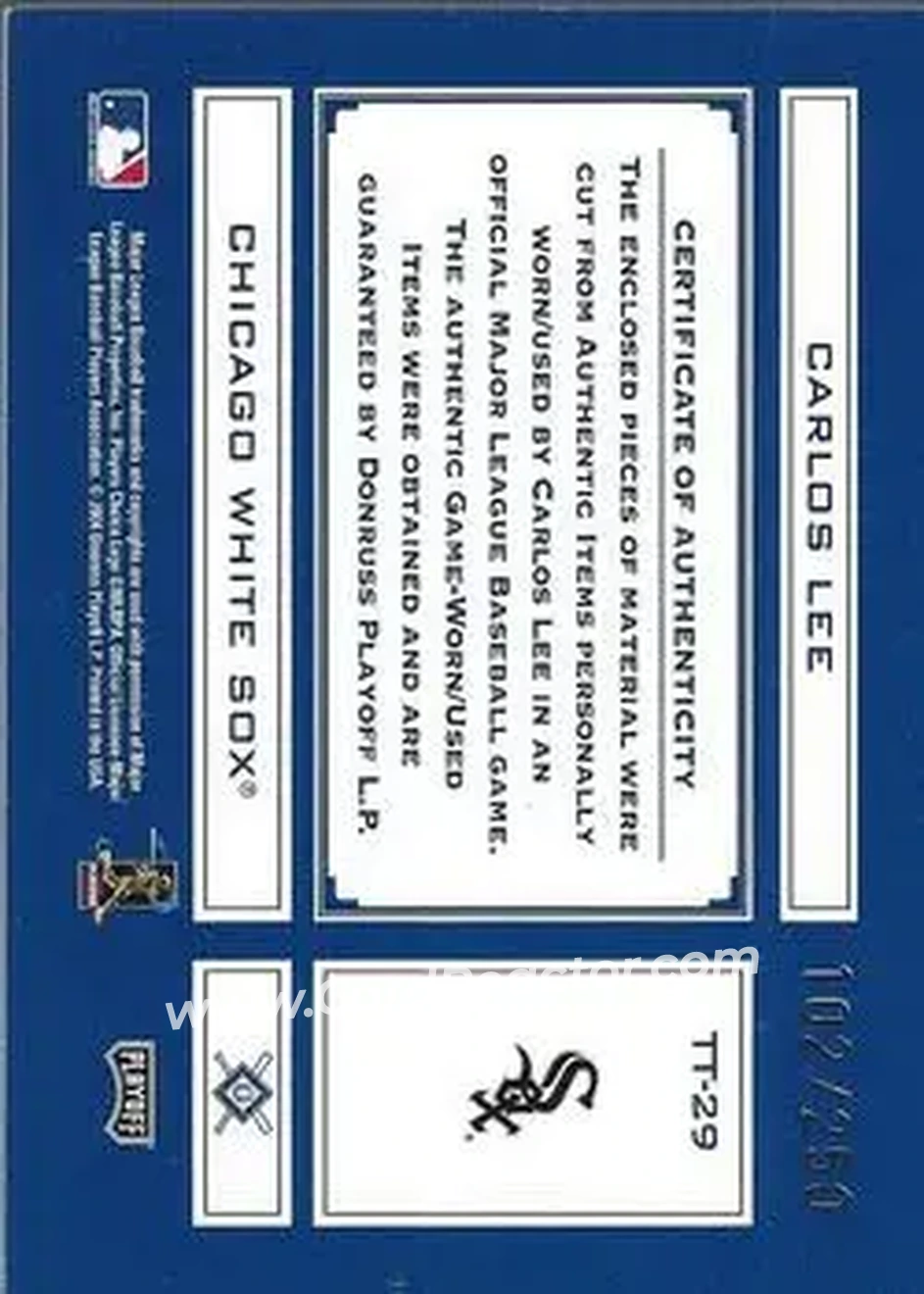 2004 Playoff Absolute Memorabilia - Tools of the Trade Material Combo #TT-29 - Carlos Lee - Chicago White Sox - Back