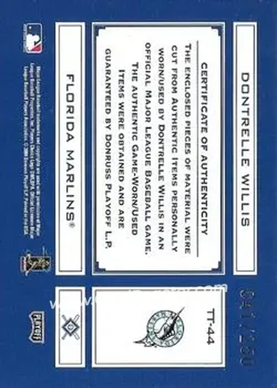 2004 Playoff Absolute Memorabilia - Tools of the Trade Material Combo #TT-44 - Dontrelle Willis - Florida Marlins - Back