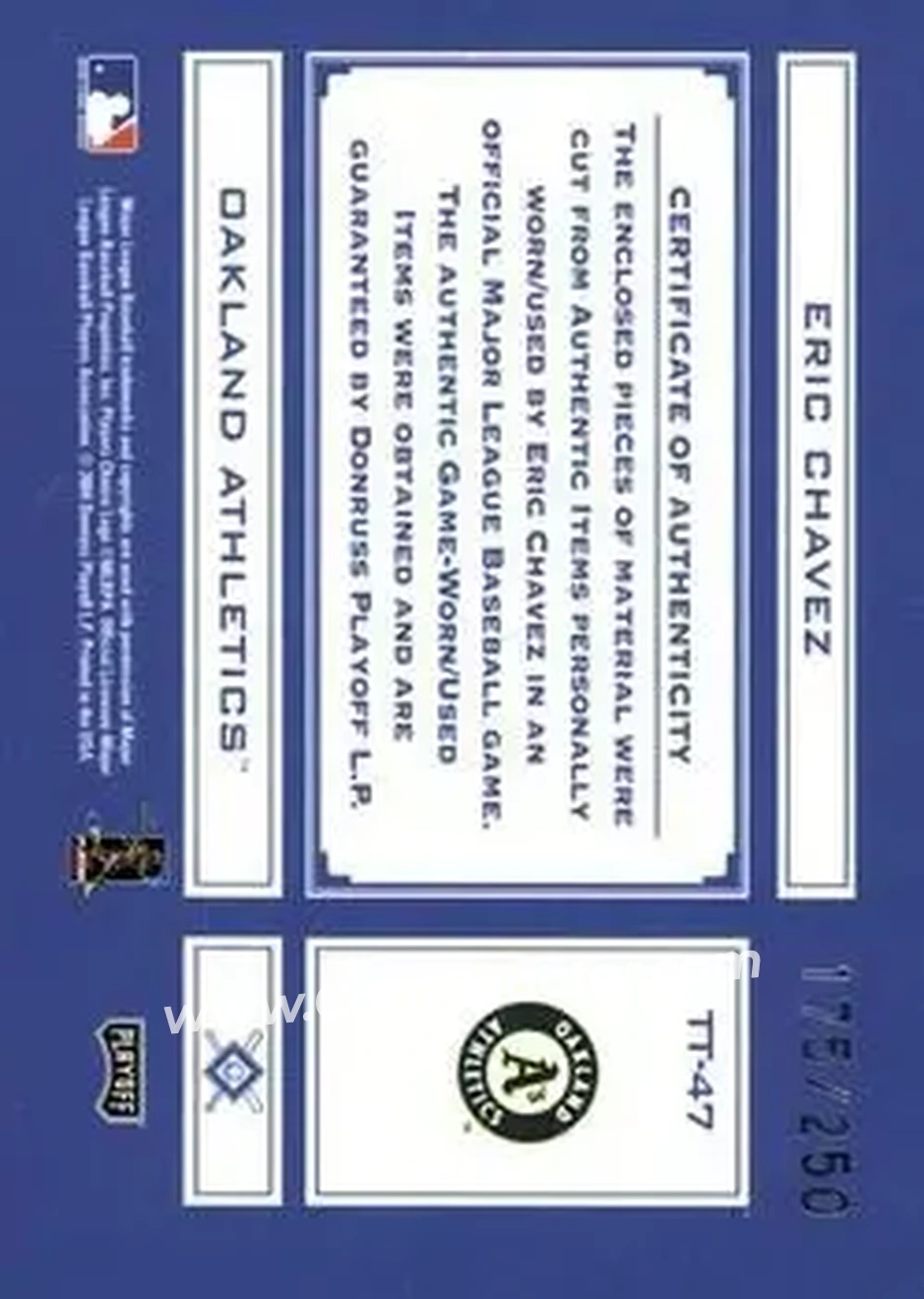 2004 Playoff Absolute Memorabilia - Tools of the Trade Material Combo #TT-47 - Eric Chavez - Oakland Athletics - Back