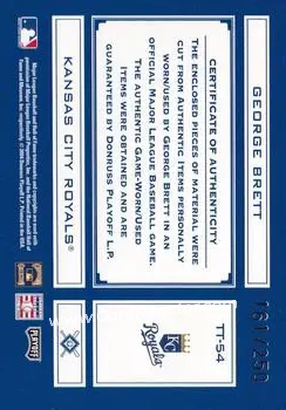 2004 Playoff Absolute Memorabilia - Tools of the Trade Material Combo #TT-54 - George Brett - Kansas City Royals - Back