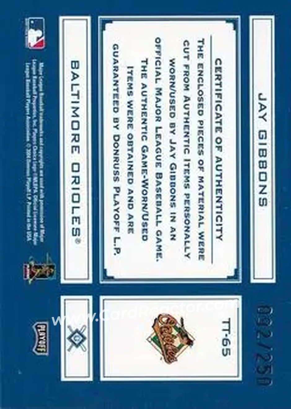 2004 Playoff Absolute Memorabilia - Tools of the Trade Material Combo #TT-65 - Jay Gibbons - Baltimore Orioles - Back