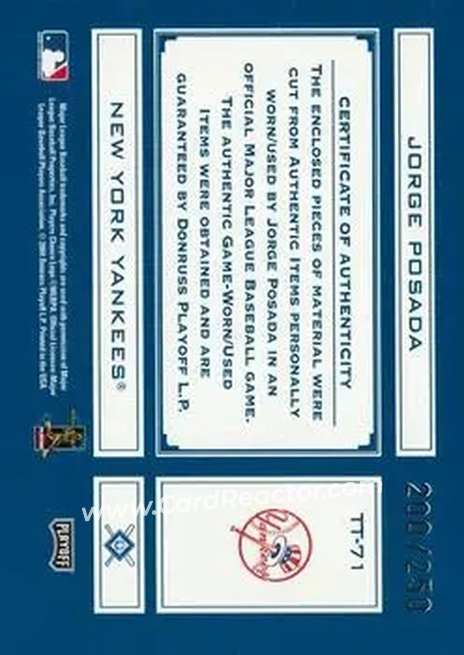 2004 Playoff Absolute Memorabilia - Tools of the Trade Material Combo #TT-71 - Jorge Posada - New York Yankees - Back
