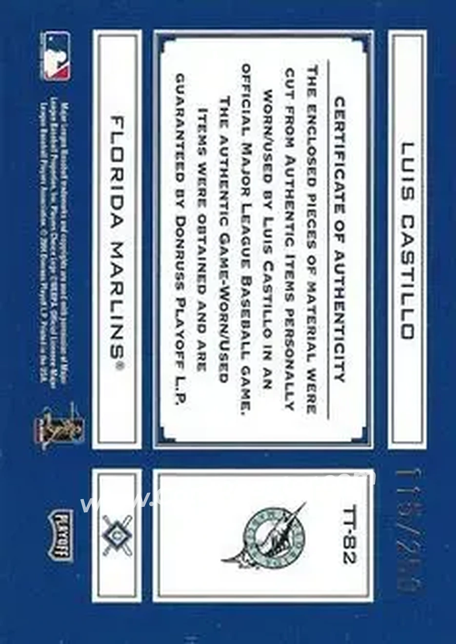 2004 Playoff Absolute Memorabilia - Tools of the Trade Material Combo #TT-82 - Luis Castillo - Florida Marlins - Back