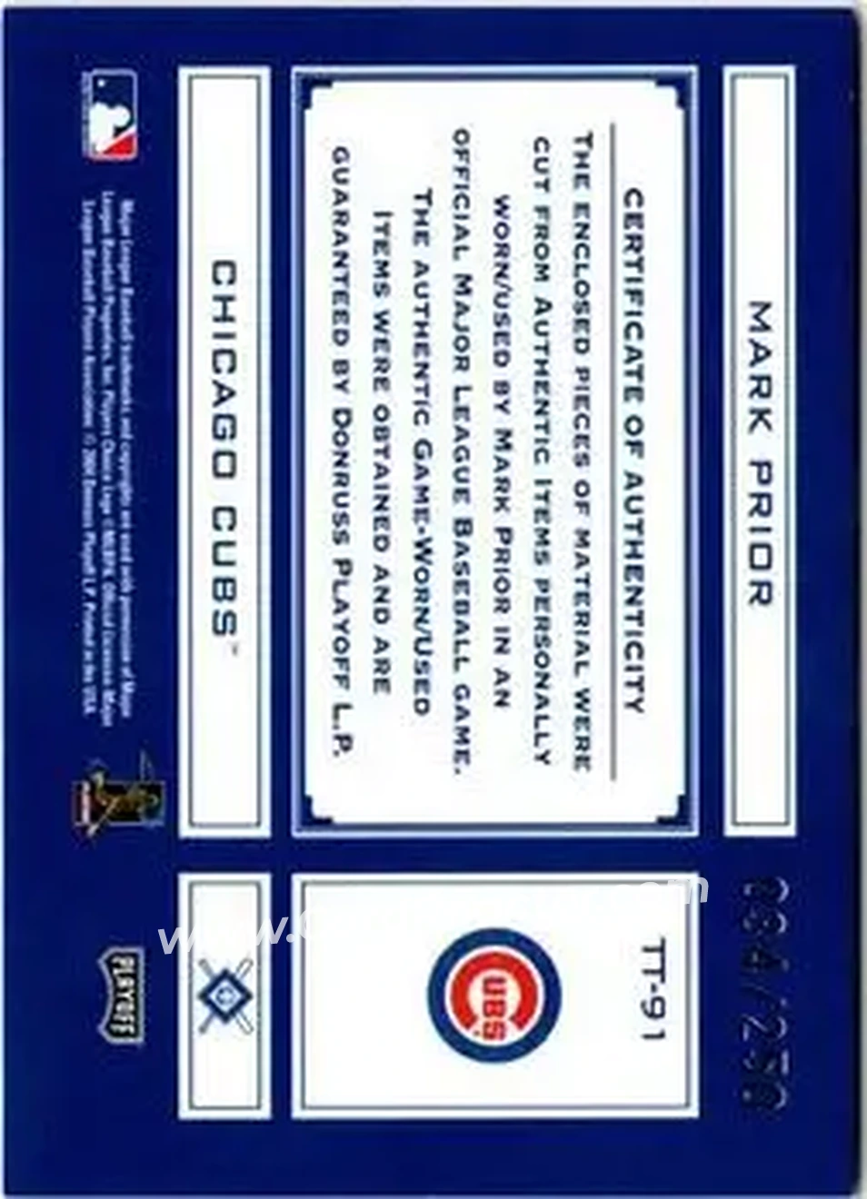2004 Playoff Absolute Memorabilia - Tools of the Trade Material Combo #TT-91 - Mark Prior - Chicago Cubs - Back