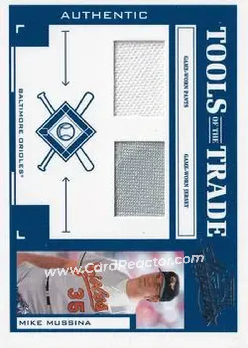 2004 Playoff Absolute Memorabilia - Tools of the Trade Material Combo #TT-97 - Mike Mussina - Baltimore Orioles - Front 2004 Playoff Absolute Memorabilia - Tools of the Trade Material Combo #TT-97 - Mike Mussina - Baltimore Orioles - Front
