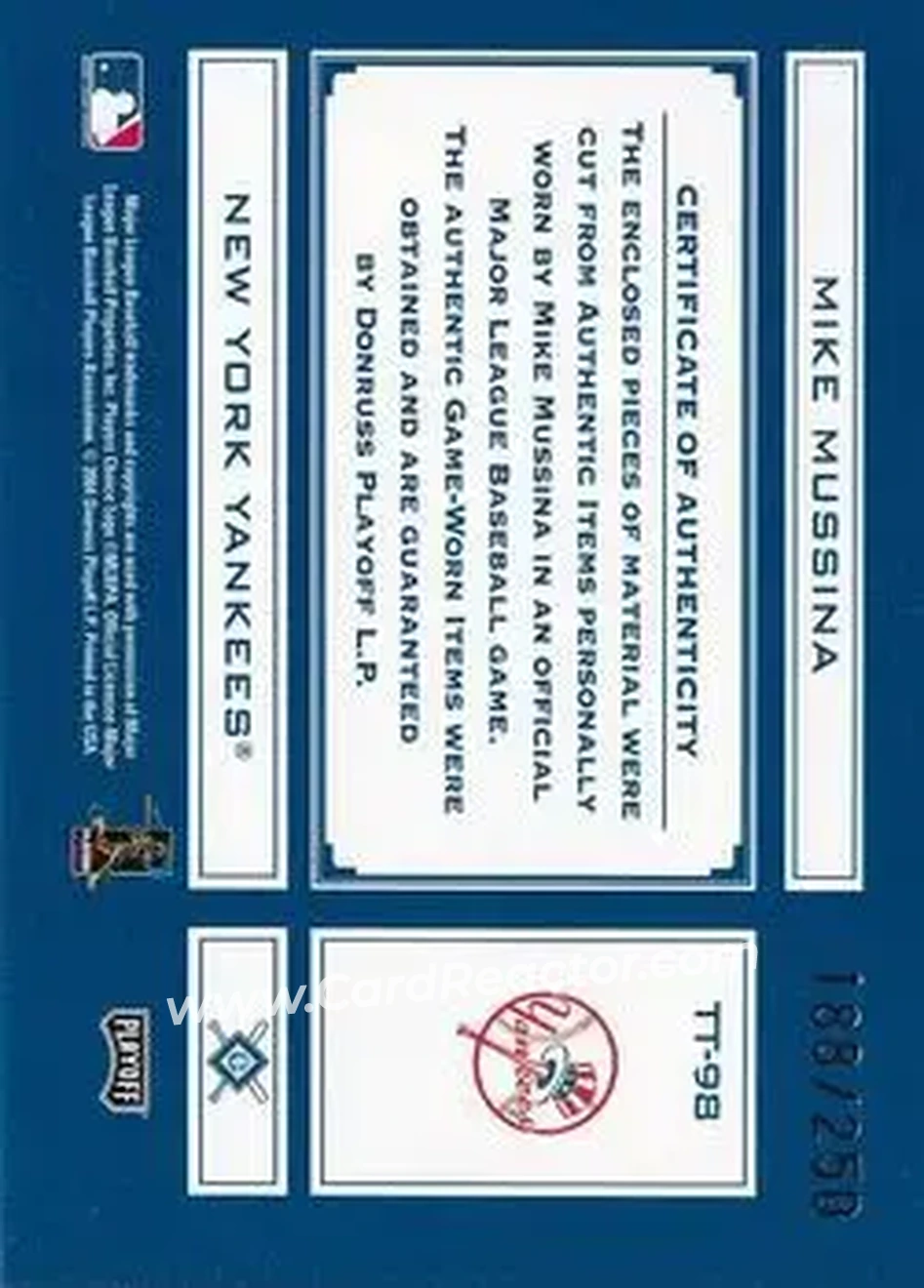 2004 Playoff Absolute Memorabilia - Tools of the Trade Material Combo #TT-98 - Mike Mussina - New York Yankees - Back