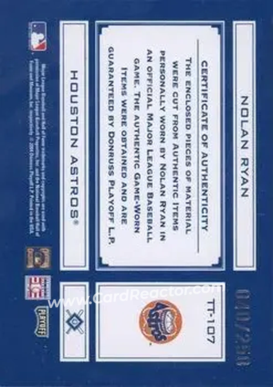 2004 Playoff Absolute Memorabilia - Tools of the Trade Material Combo #TT-107 - Nolan Ryan - Houston Astros - Back