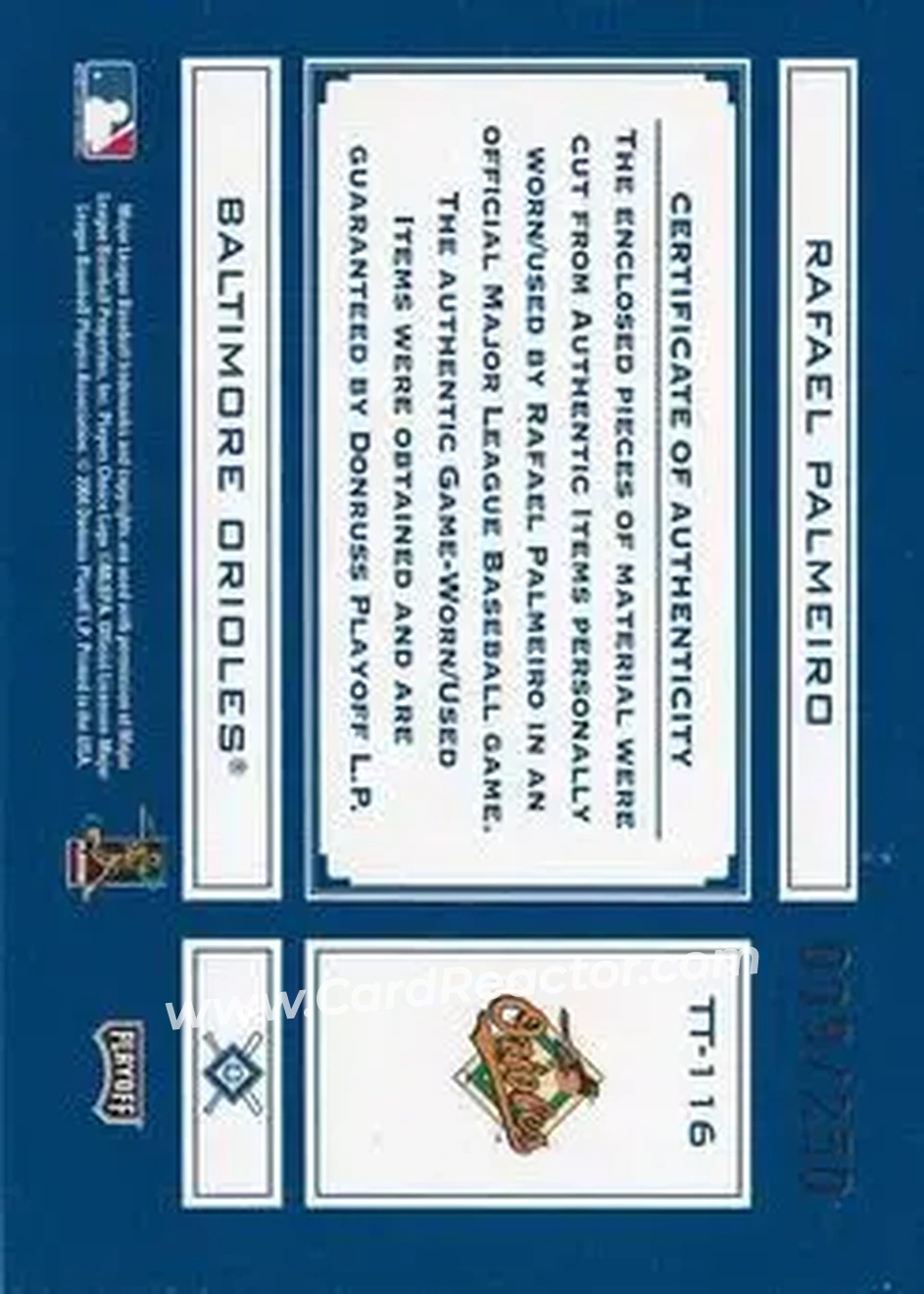 2004 Playoff Absolute Memorabilia - Tools of the Trade Material Combo #TT-116 - Rafael Palmeiro - Baltimore Orioles - Back