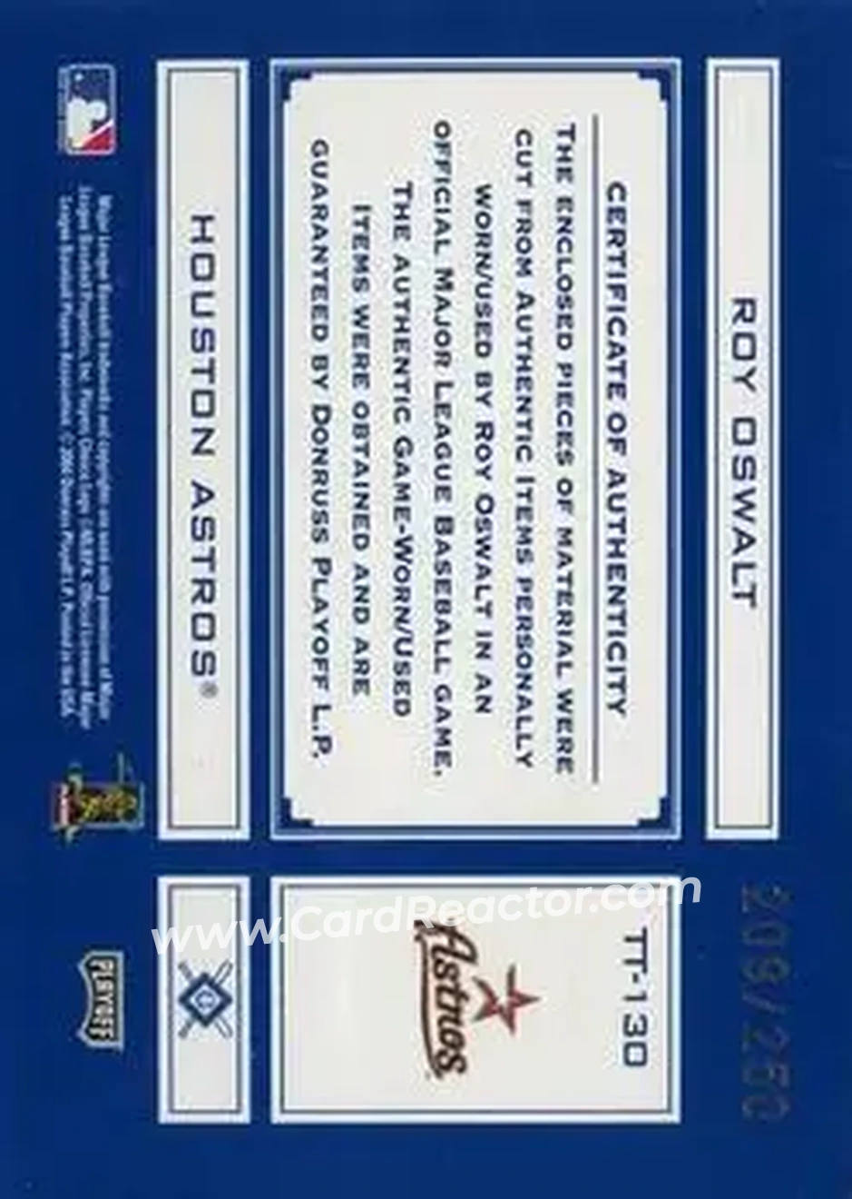 2004 Playoff Absolute Memorabilia - Tools of the Trade Material Combo #TT-130 - Roy Oswalt - Houston Astros - Back