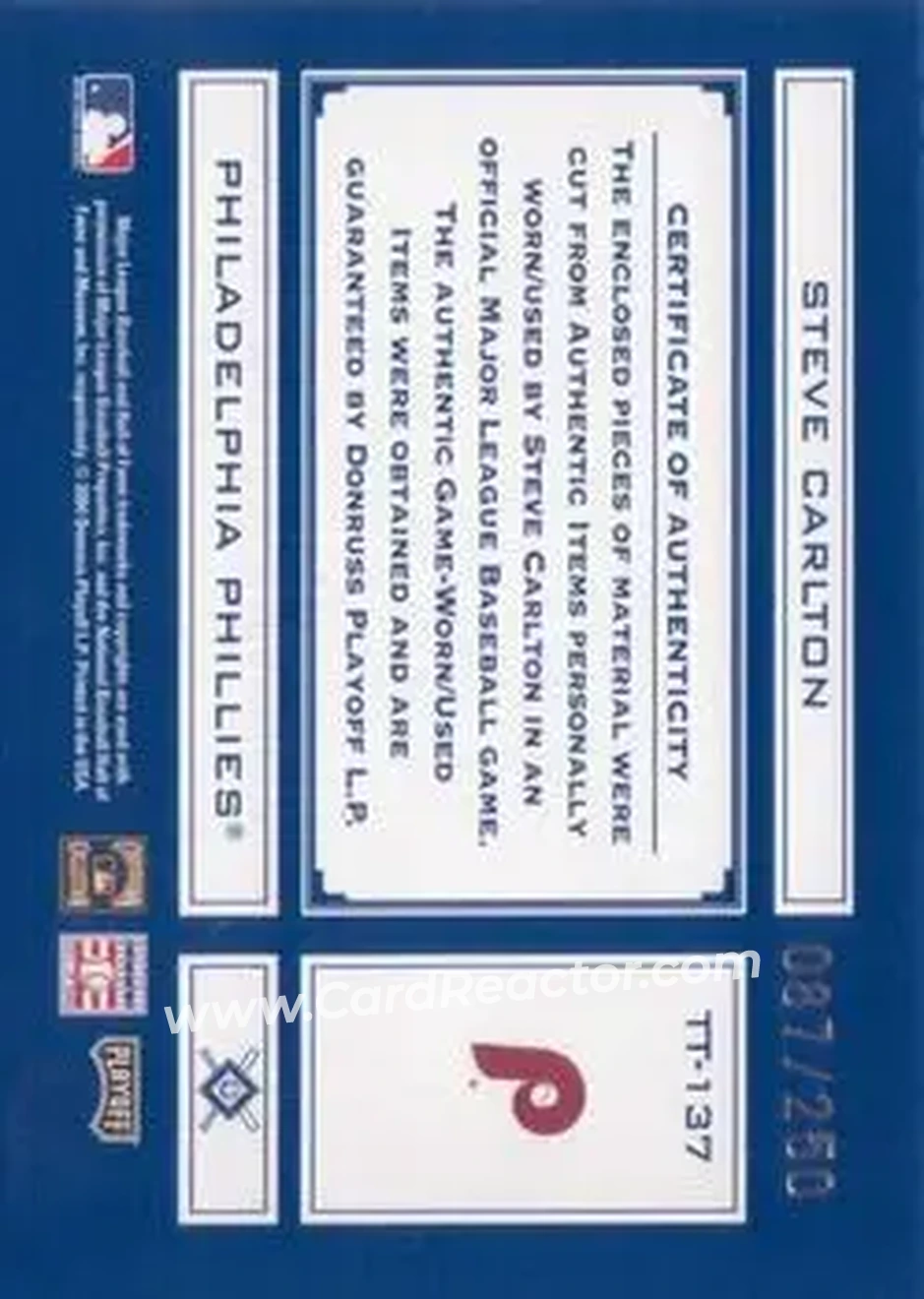2004 Playoff Absolute Memorabilia - Tools of the Trade Material Combo #TT-137 - Steve Carlton - Philadelphia Phillies - Back