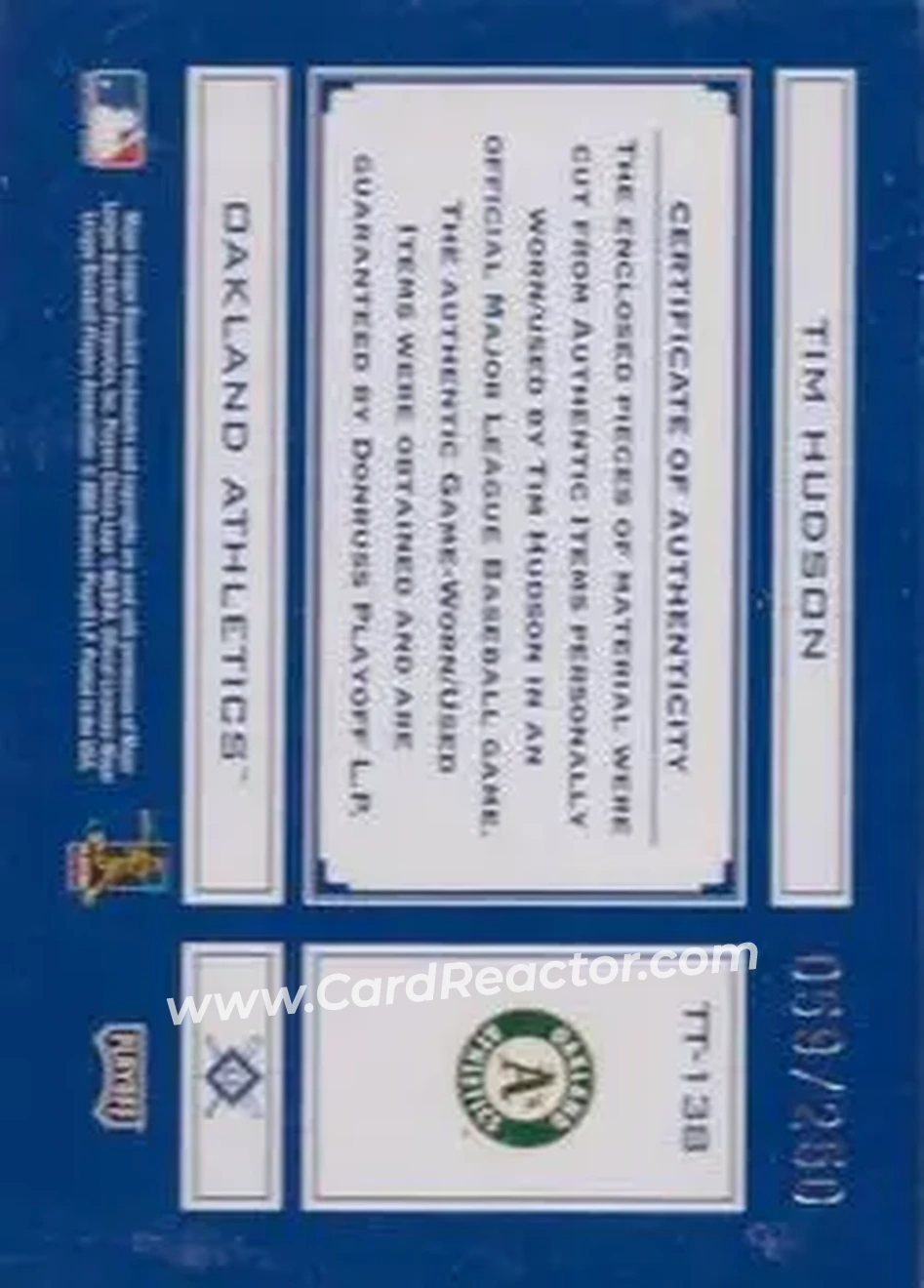 2004 Playoff Absolute Memorabilia - Tools of the Trade Material Combo #TT-138 - Tim Hudson - Oakland Athletics - Back