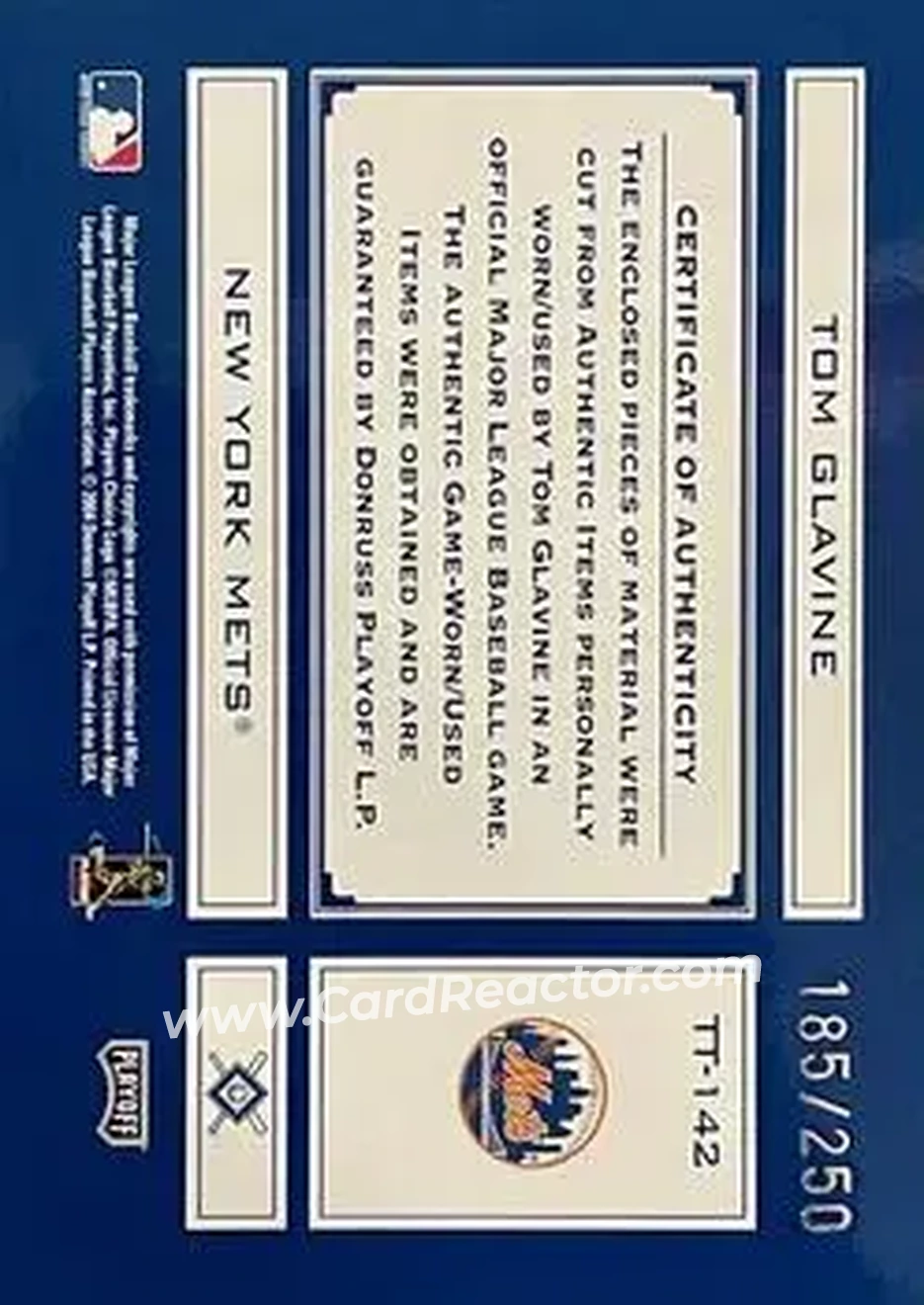 2004 Playoff Absolute Memorabilia - Tools of the Trade Material Combo #TT-142 - Tom Glavine - New York Mets - Back 2004 Playoff Absolute Memorabilia - Tools of the Trade Material Combo #TT-142 - Tom Glavine - New York Mets - Back