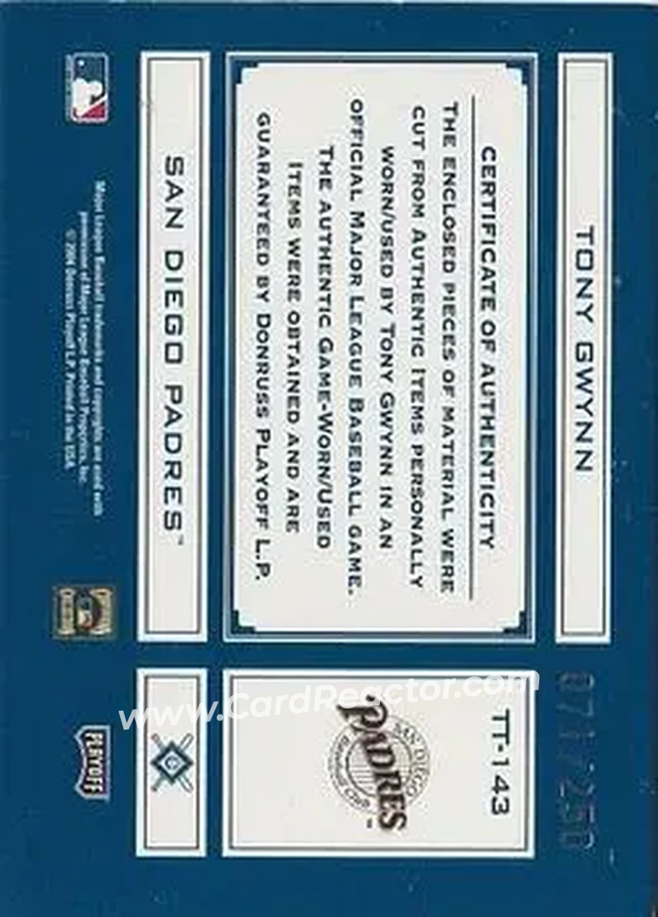 2004 Playoff Absolute Memorabilia - Tools of the Trade Material Combo #TT-143 - Tony Gwynn - San Diego Padres - Back