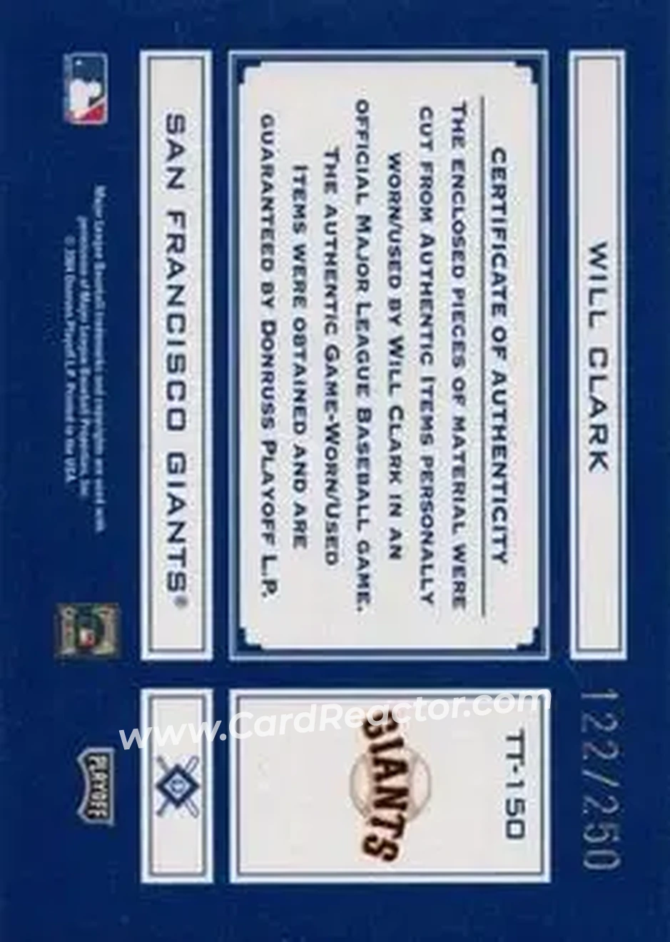 2004 Playoff Absolute Memorabilia - Tools of the Trade Material Combo #TT-150 - Will Clark - San Francisco Giants - Back 2004 Playoff Absolute Memorabilia - Tools of the Trade Material Combo #TT-150 - Will Clark - San Francisco Giants - Back
