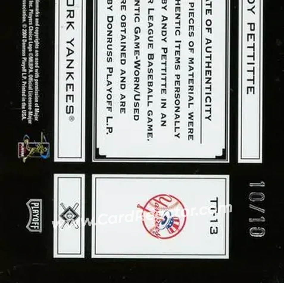 2004 Playoff Absolute Memorabilia - Tools of the Trade Material Combo PS #TT-13 - Andy Pettitte - New York Yankees - Back