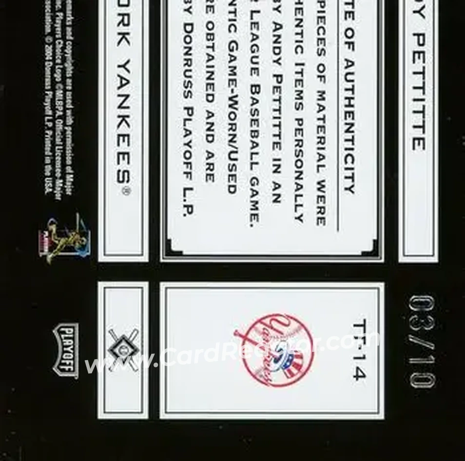 2004 Playoff Absolute Memorabilia - Tools of the Trade Material Combo PS #TT-14 - Andy Pettitte - New York Yankees - Back