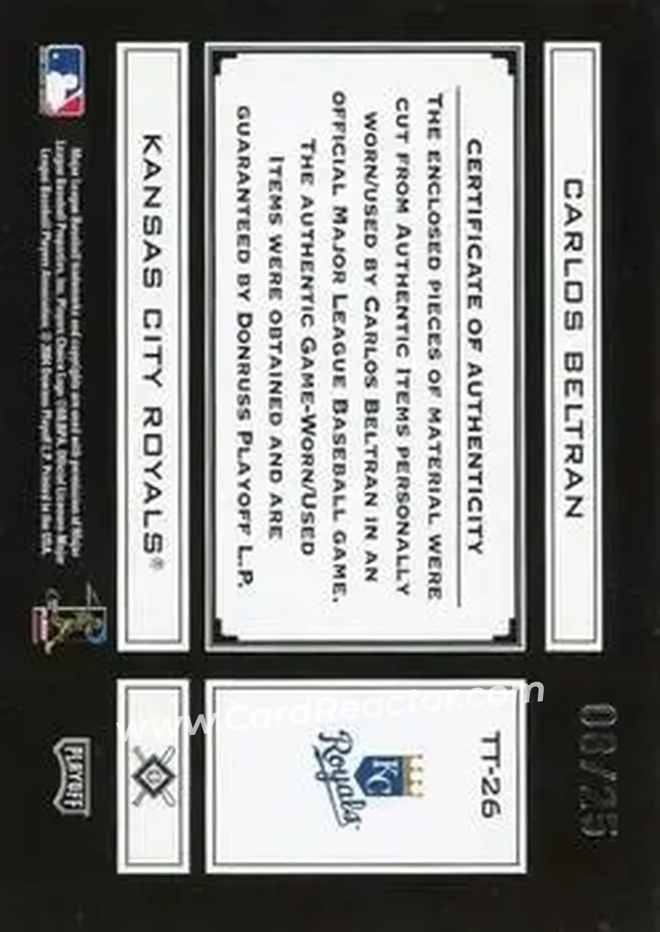 2004 Playoff Absolute Memorabilia - Tools of the Trade Material Combo PS #TT-26 - Carlos Beltran - Kansas City Royals - Back