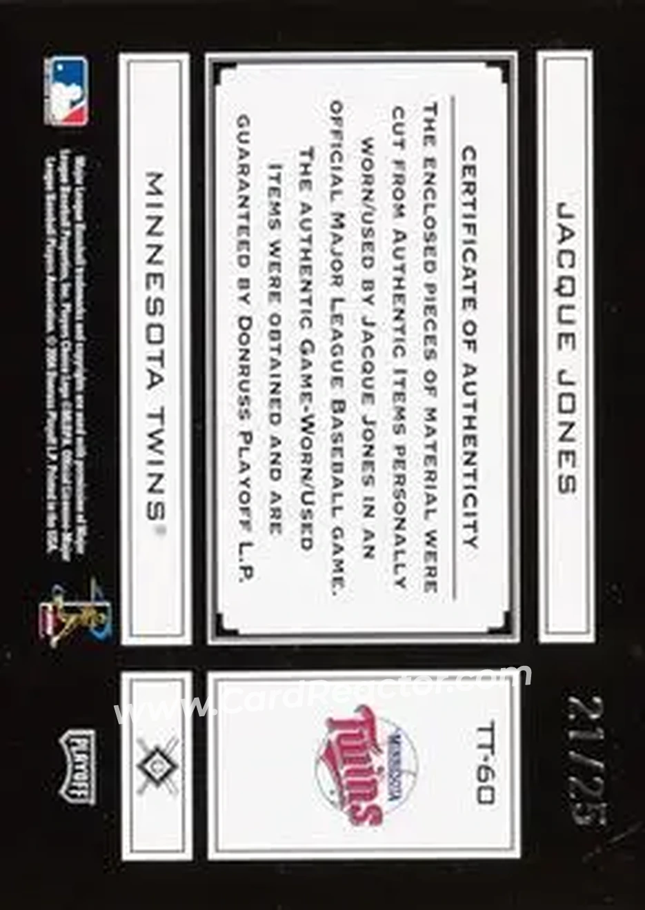 2004 Playoff Absolute Memorabilia - Tools of the Trade Material Combo PS #TT-60 - Jacque Jones - Minnesota Twins - Back