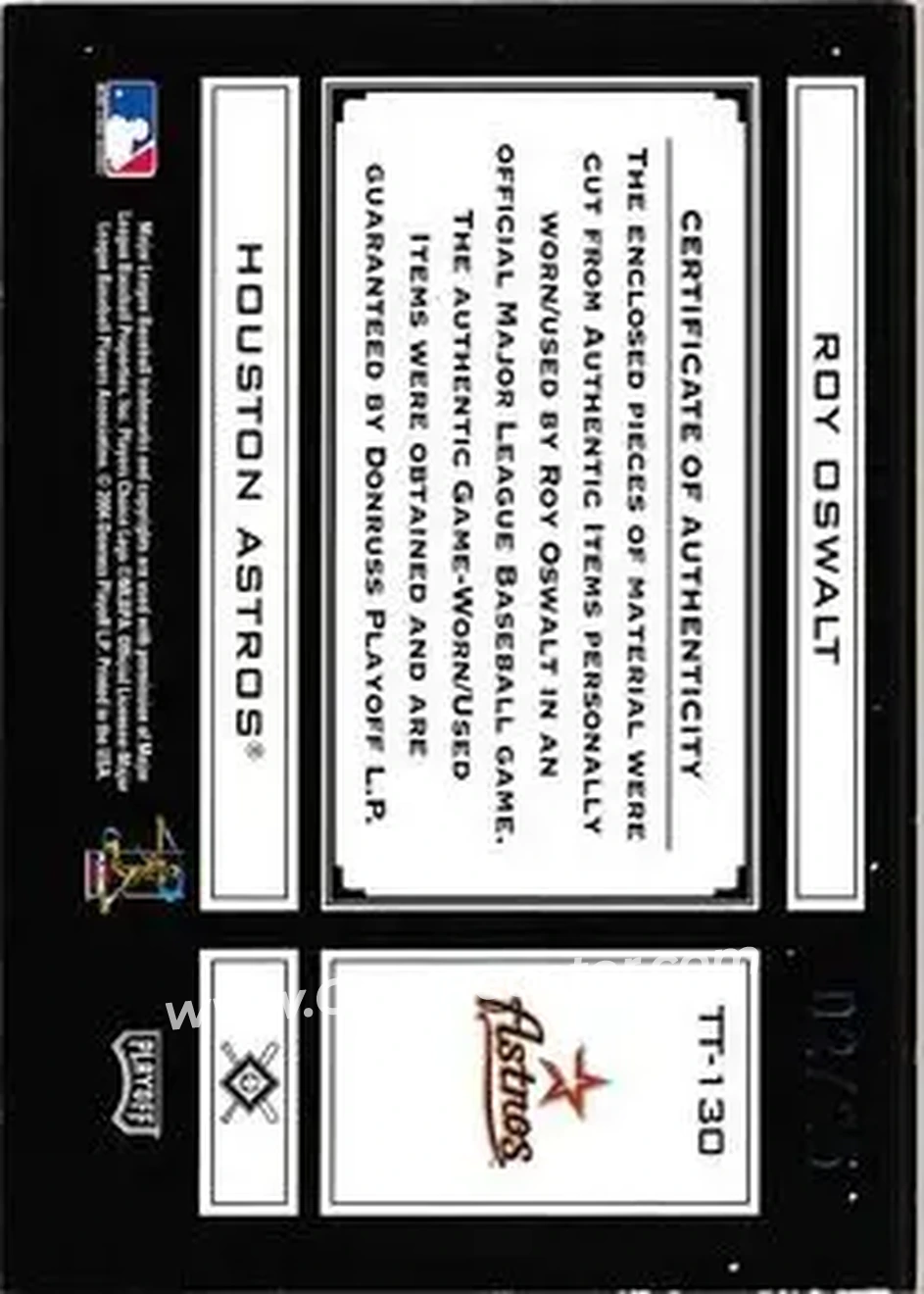 2004 Playoff Absolute Memorabilia - Tools of the Trade Material Combo PS #TT-130 - Roy Oswalt - Houston Astros - Back